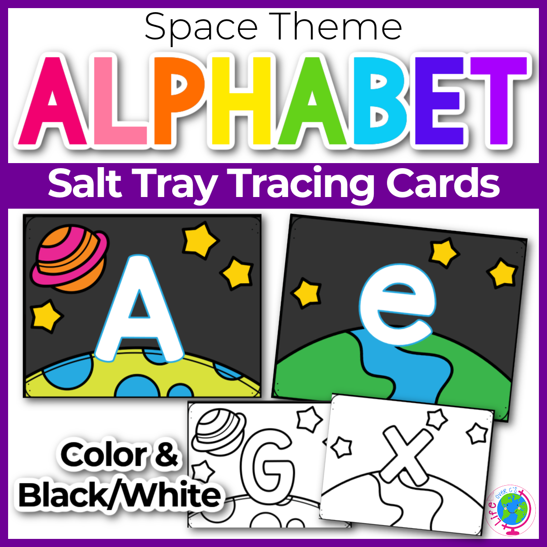 Space theme alphabet cards to use in a salt tracing tray