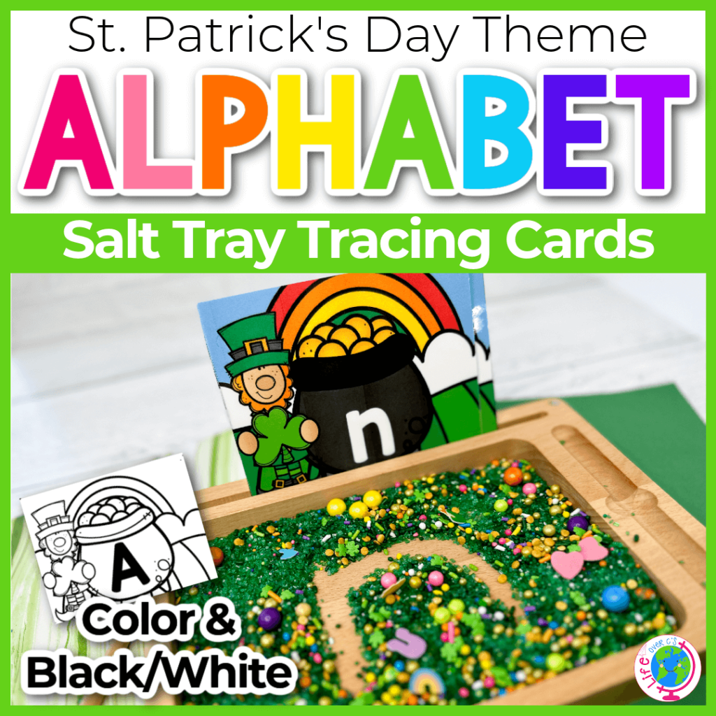 Letter writing tray for St. Patrick's day with St. Patrick's day themed sprinkles
