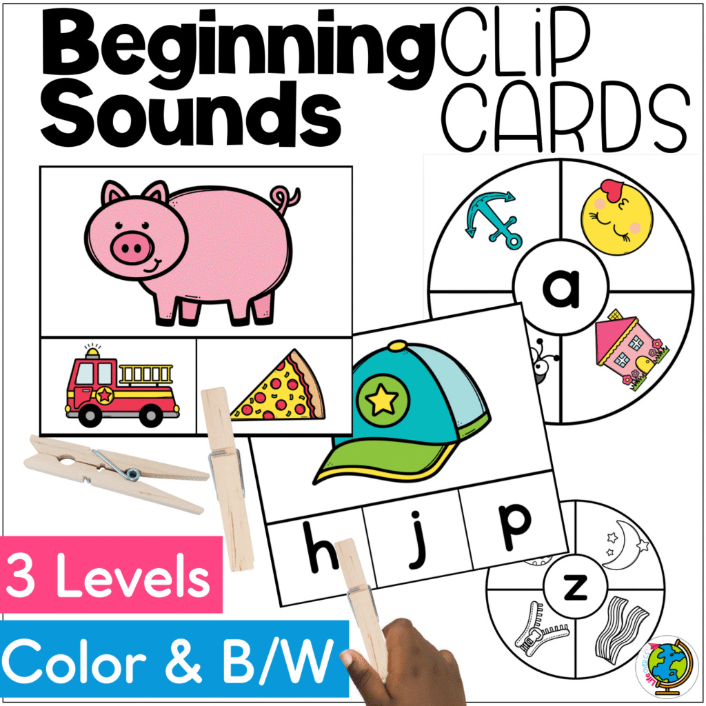 Beginning sounds clip cards cover showing alphabet phonics clip cards with pictures, letters, clothespins, and three difficulty levels in color and black-and-white for preschool and kindergarten letter sound practice