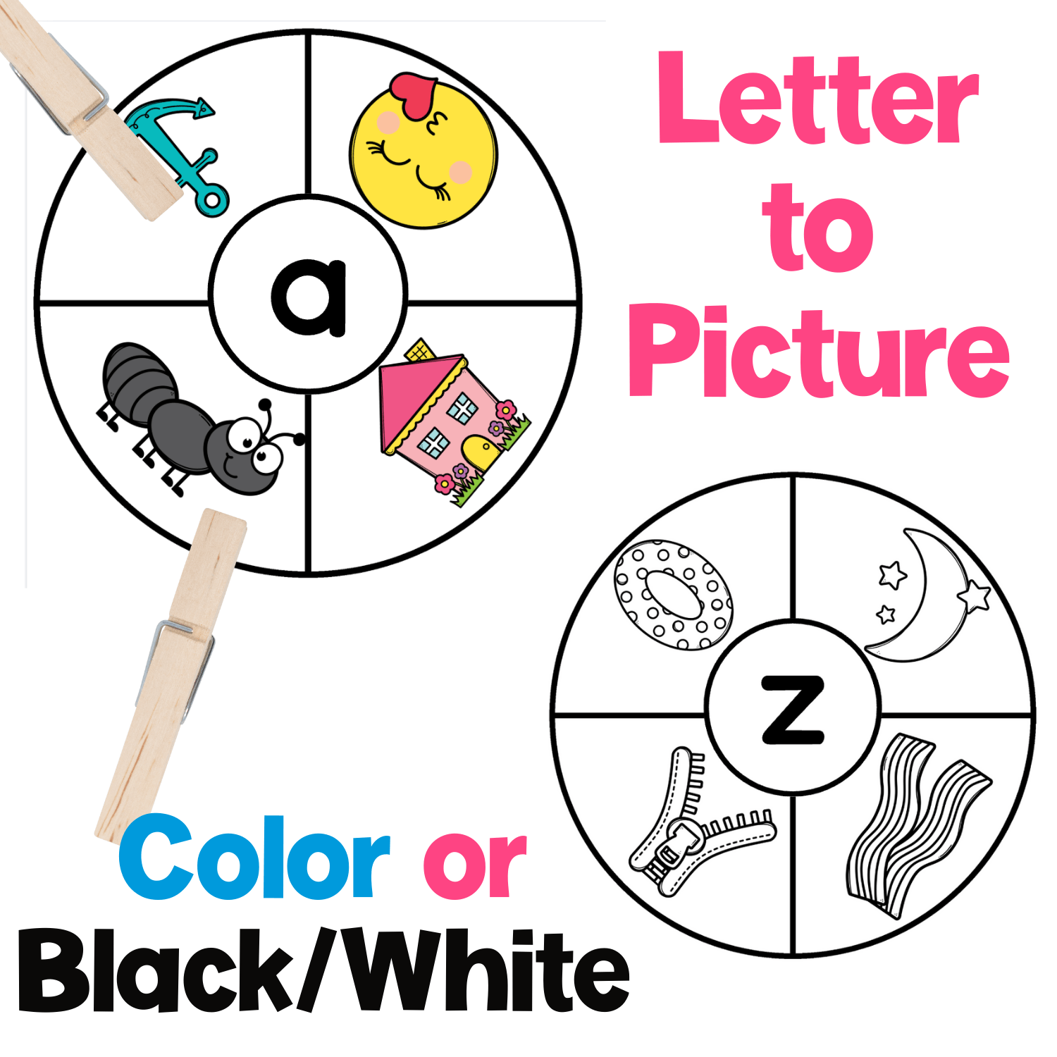Beginning sounds letter sounds clip cards for preschool and kindergarten with picture circles, lowercase letters, clothespins, and printable phonics practice in color and black-and-white