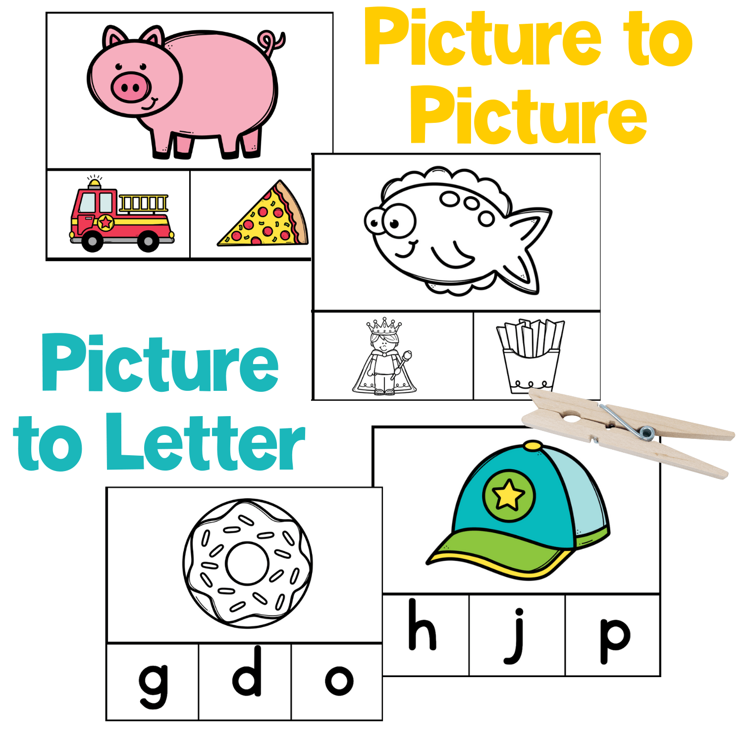 Beginning sounds clip cards activity showing letter to picture matching with printable phonics cards, clothespins, and color or black-and-white options for early literacy centers