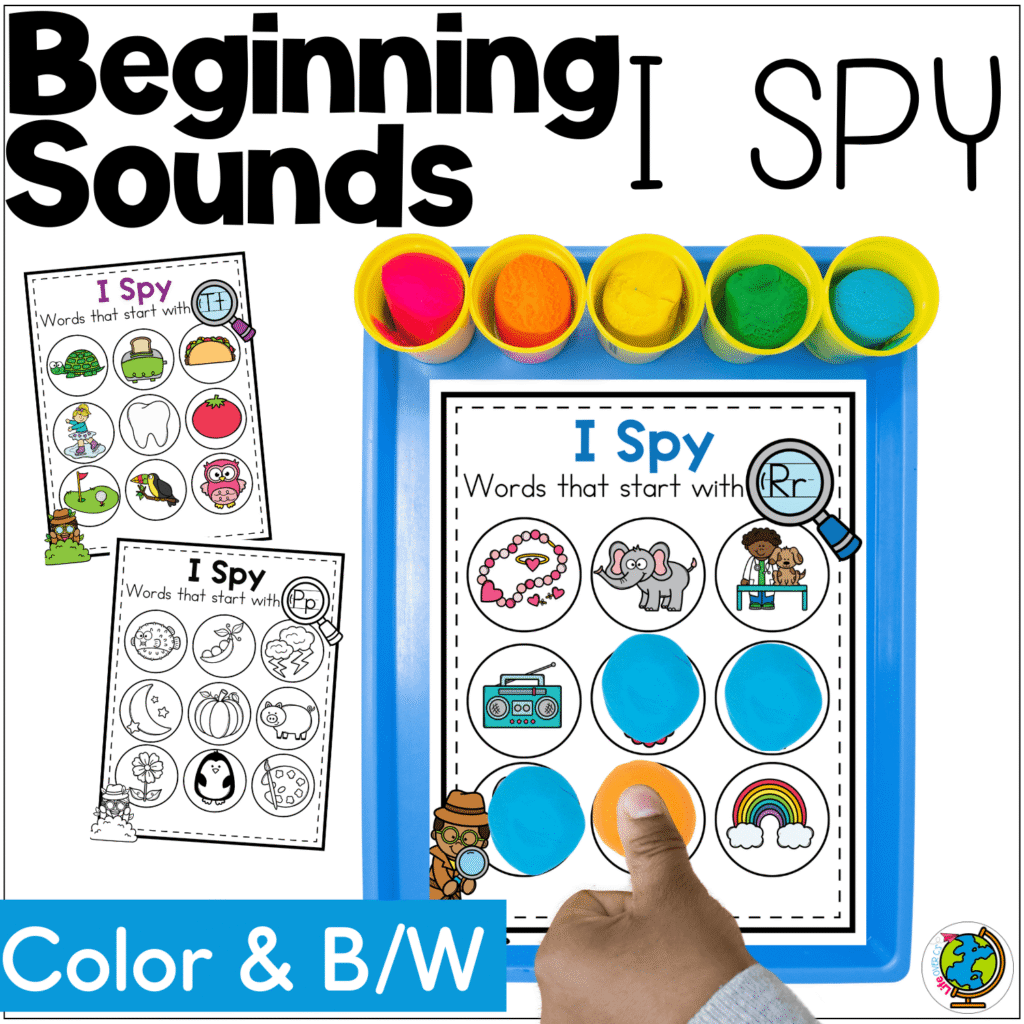 Beginning sounds I Spy printable activity with play dough, bingo chips, and dot markers for preschool phonics, letter sound recognition, and hands-on beginning sounds practice