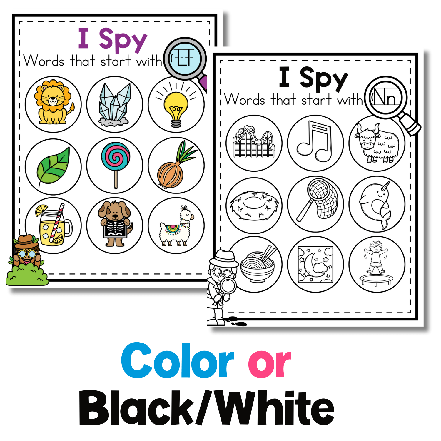 Beginning sounds I Spy worksheets in color and black-and-white featuring picture grids for letter sound recognition, phonics review, and printable preschool literacy activities