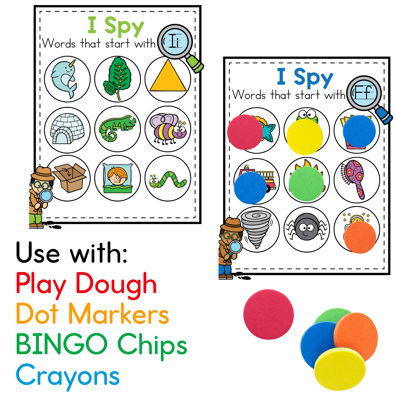 Beginning sounds I Spy phonics pages for preschool and kindergarten with colorful picture grids and hands-on options like play dough, dot markers, bingo chips, and crayons