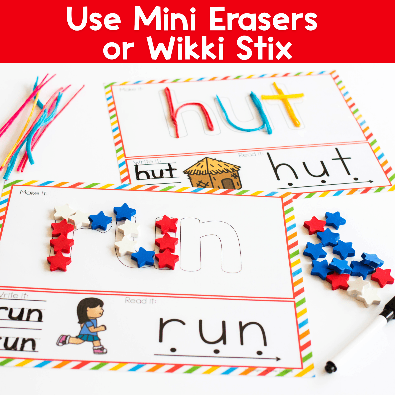 CVC word mats printable showing hands-on fine motor practice with simple CVC words like hut and run, using mini erasers, Wikki Stix, and tracing for preschool and kindergarten phonics, handwriting, beginning reading, and word building