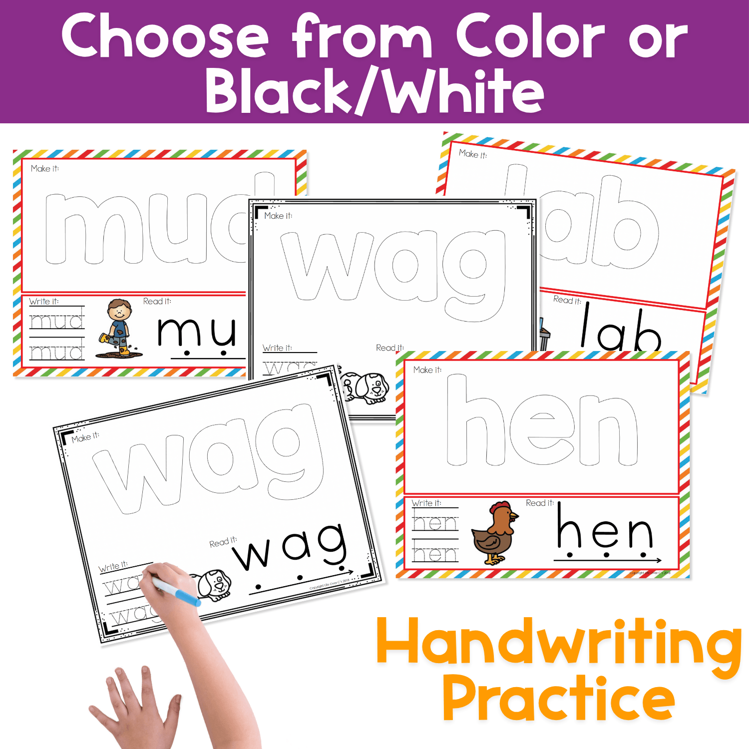 CVC word mats printable set in color and black and white featuring basic outline CVC words like mud, wag, lab, and hen for preschool and kindergarten handwriting practice, fine motor activities, phonics centers, and early reading word work