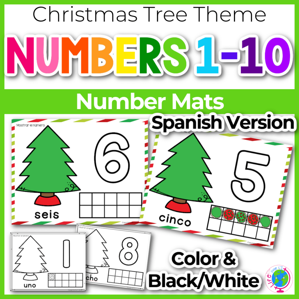 number 3 counting card with Christmas tree theme Spanish version