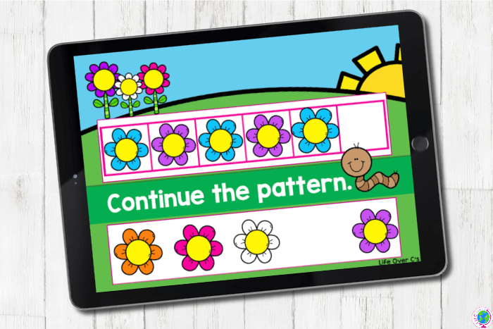 Continue AB patterns digital and printable activity with flower theme - preschool math