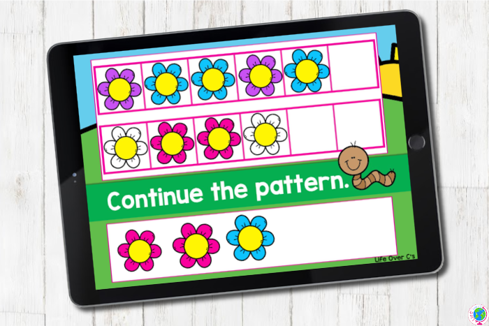 Continue ABB patterns digital and printable activity with flower theme for Google Classroom