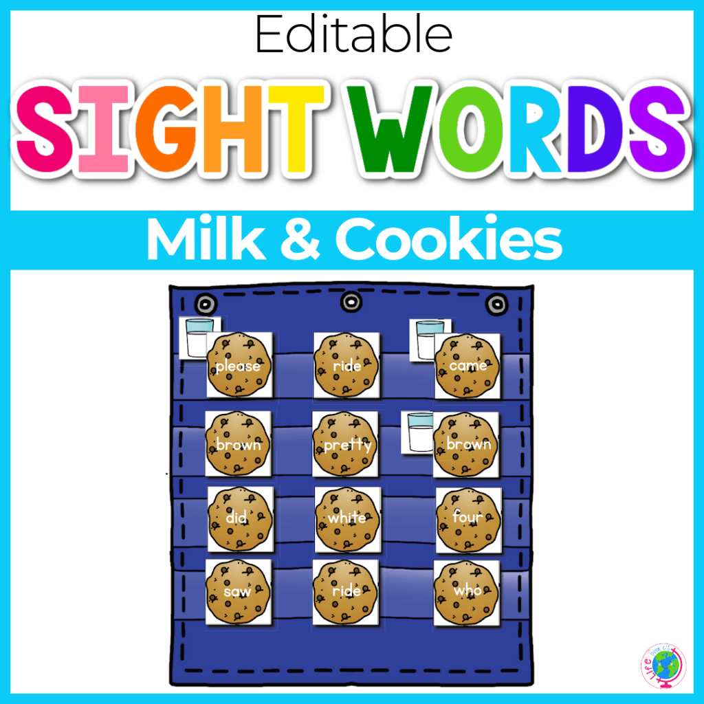Editable sight words with milk and cookies theme