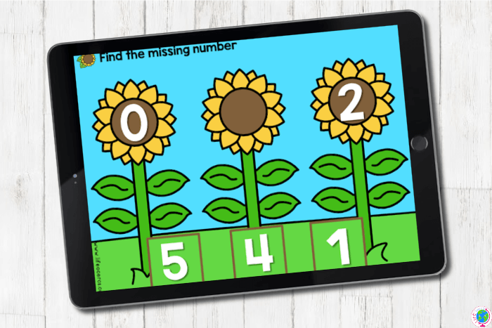 Digital missing numbers math activity with sunflower theme