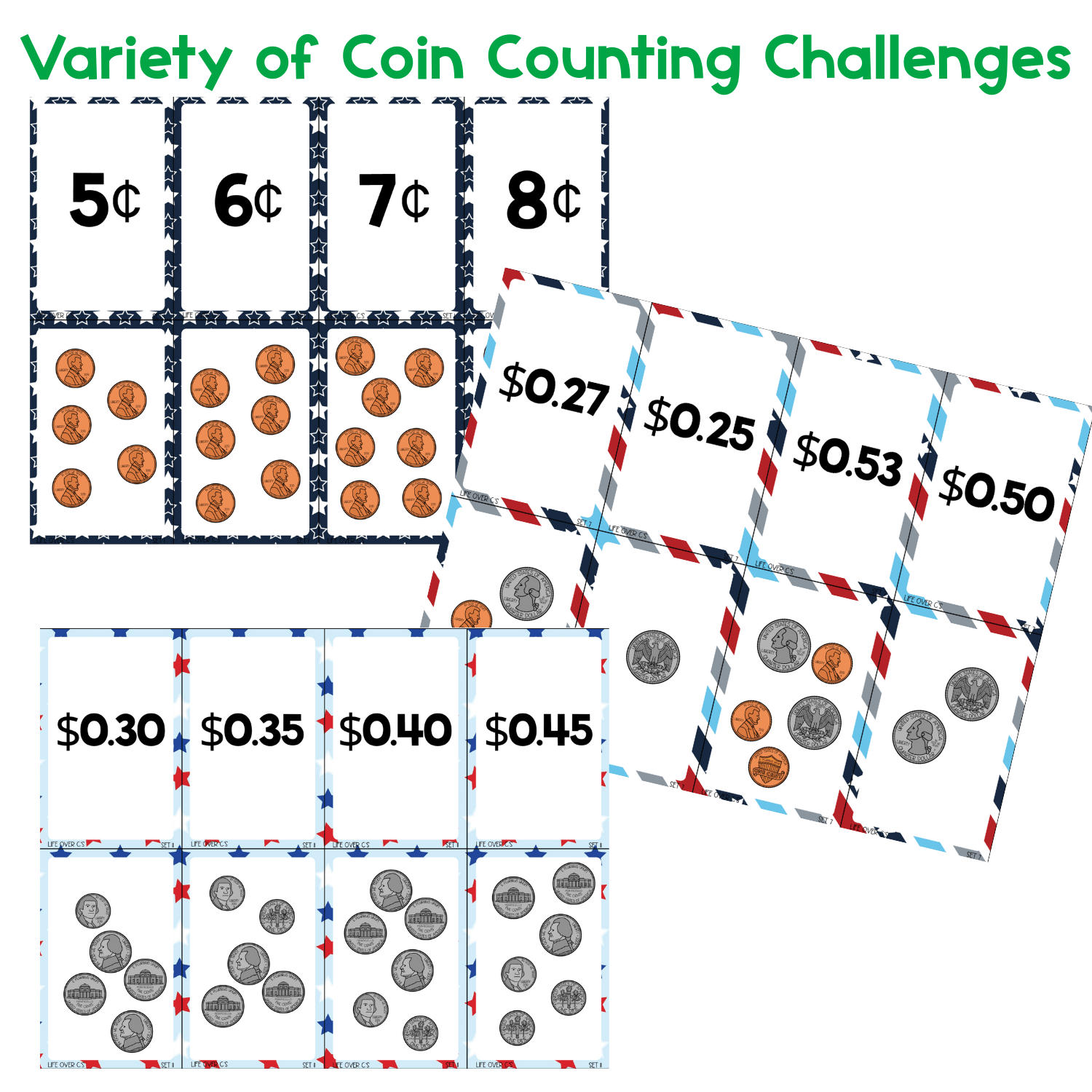 Printable money cards arranged by level, featuring written values like 5¢, 6¢, 25¢, 30¢, and 50¢ with matching coin groups. Highlights a variety of coin counting challenges for practicing coin values and counting mixed coin amounts