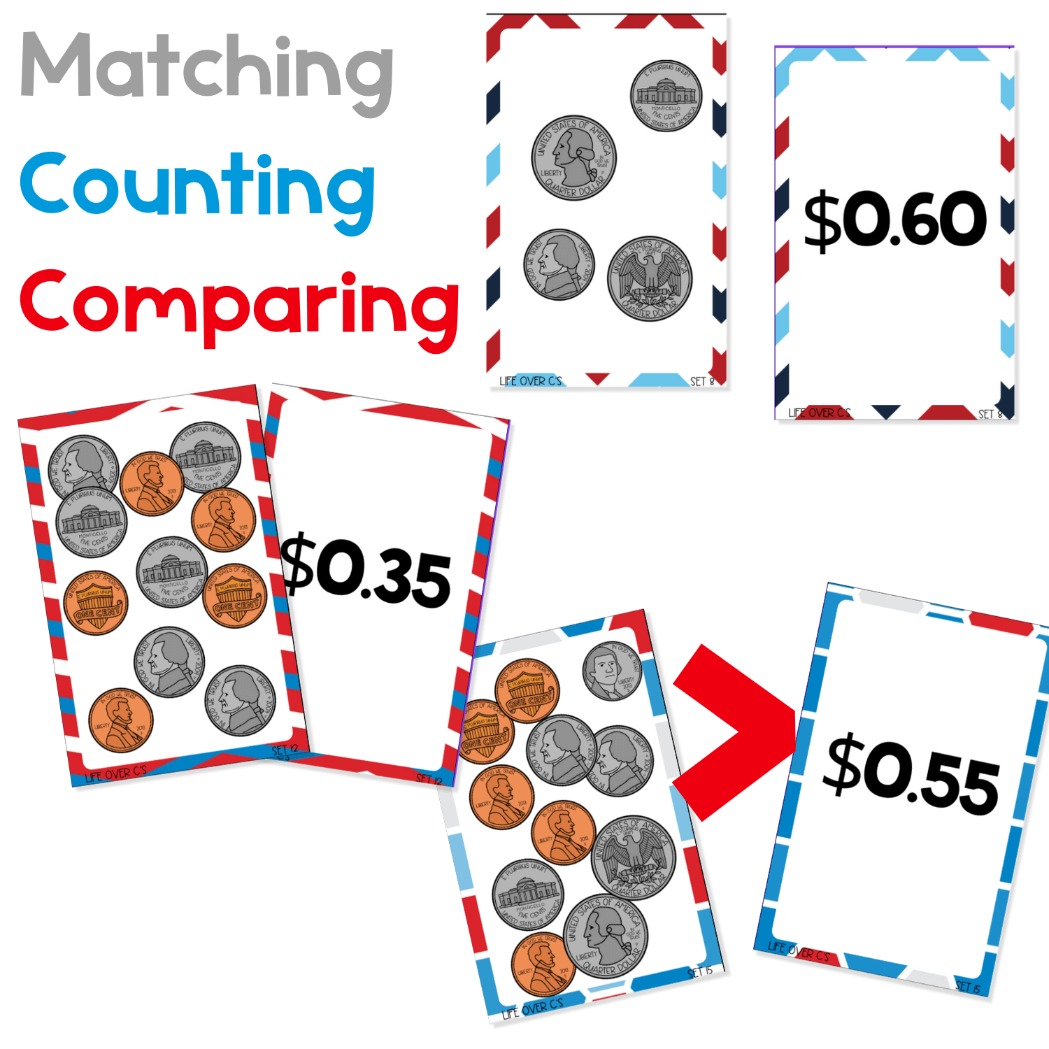 Examples of coin-value cards being used to match, count, and compare money amounts. One card shows realistic coins and another displays the matching written amount, emphasizing coin value recognition and comparison skills.