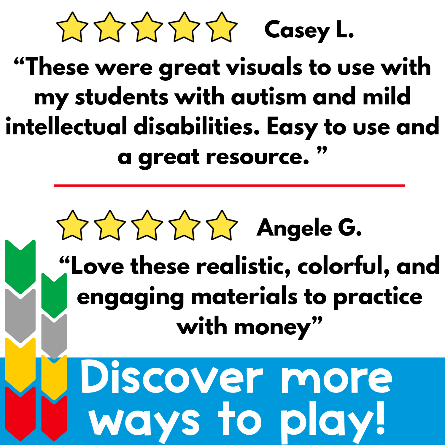 ive-star teacher reviews praising the Money Card Games for supporting students with special needs and providing realistic, colorful coin materials. Encourages discovering more ways to play with counting coins and identifying coin values.