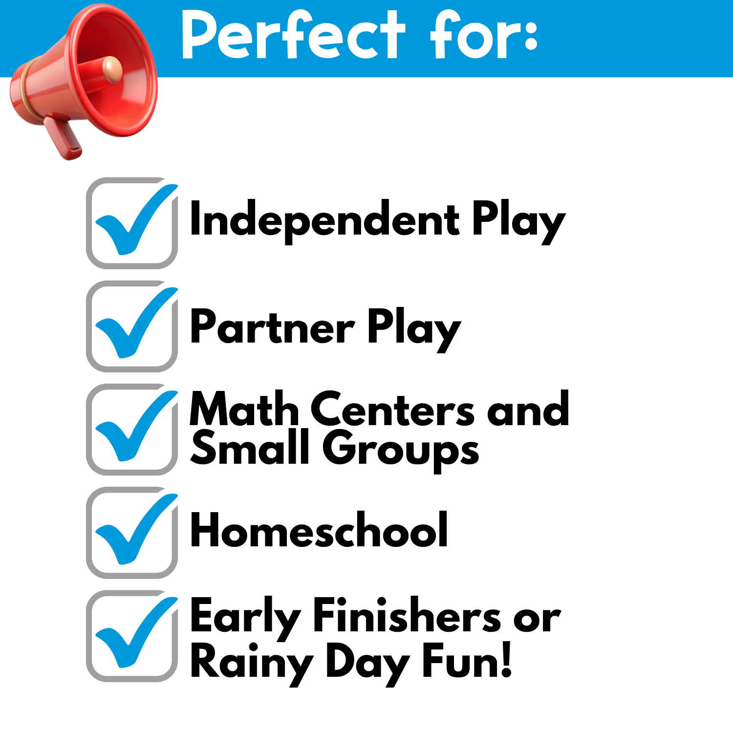 Checklist highlighting how the Money Card Games can be used for independent play, partner work, math centers, small groups, homeschool, early finishers, and rainy day learning.