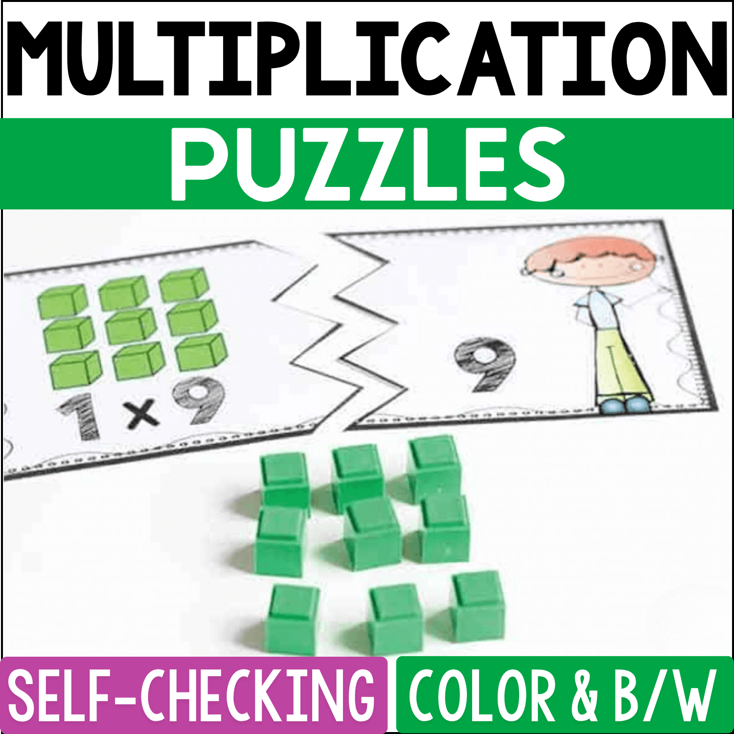 Multiplication puzzle pieces matching 1 x 9 to the answer 9, with green cubes used to build each fact for an elementary math center.