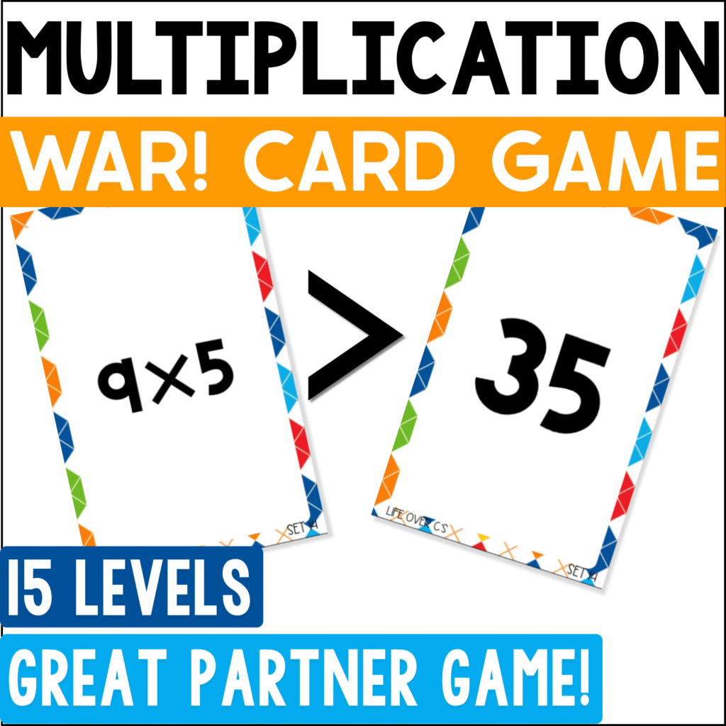 Bright multiplication War card game cover image showing a colorful math fact card for 9×5 compared with a product card showing 35. The bold numbers and rainbow geometric borders highlight how students can practice multiplication facts and fact fluency in a fun, hands-on card game.