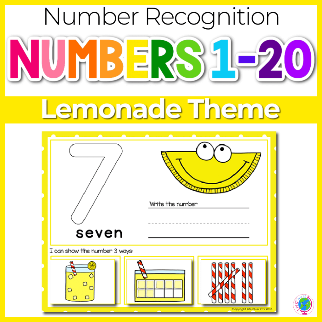 Numbers 1-20 number recognition with lemonade theme