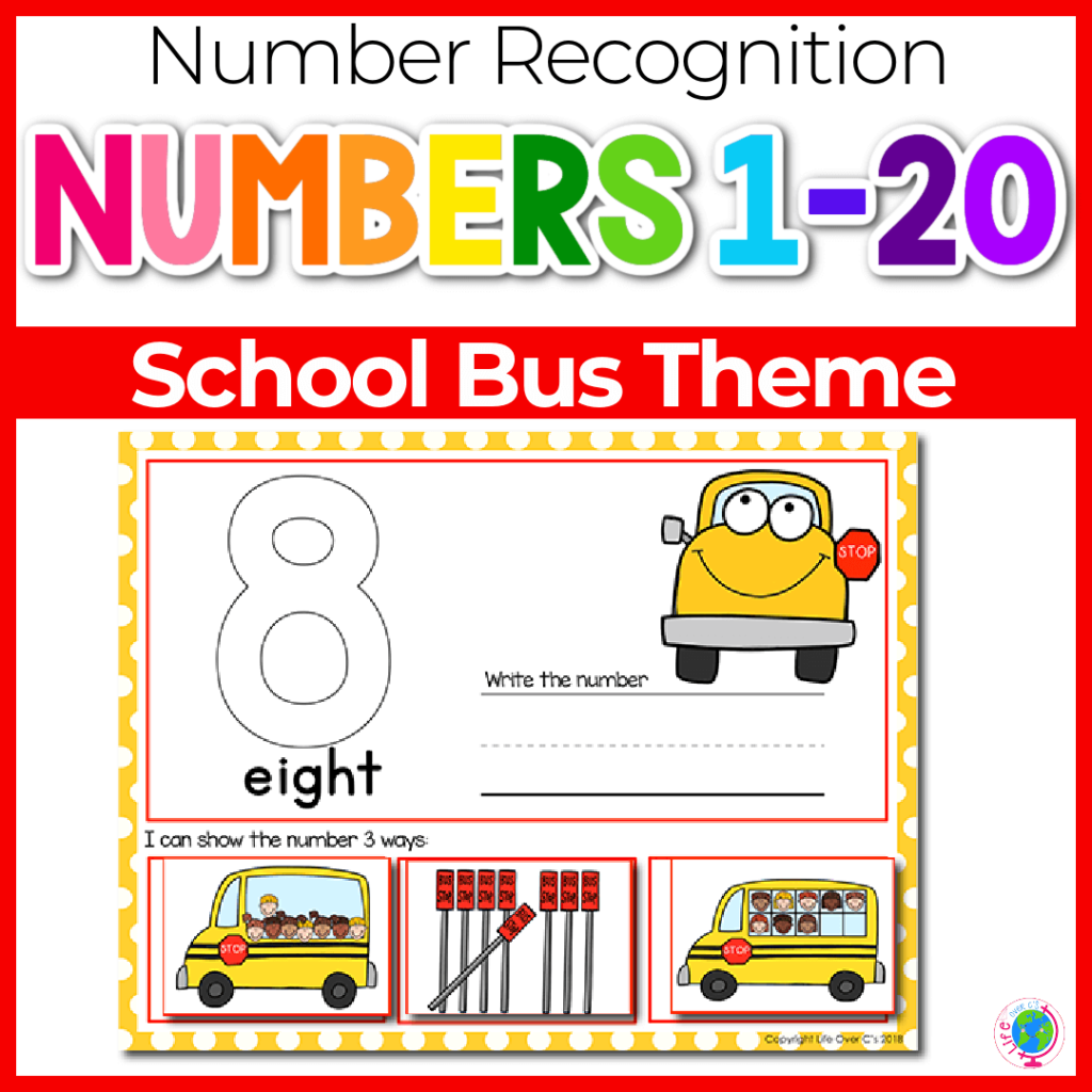 Number recognition for numbers 1-20 with back to school school bus theme
