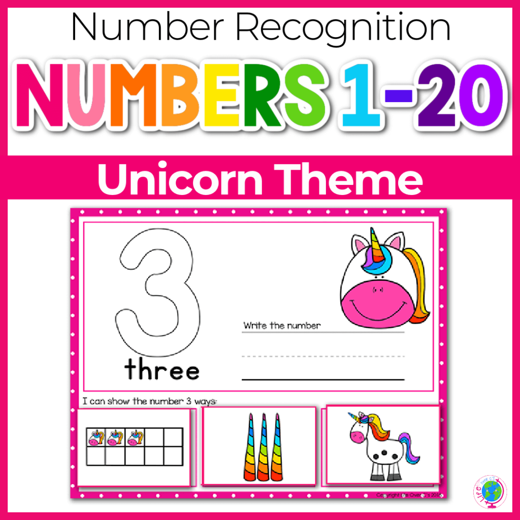 Numbers 1-20 number recognition activities with unicorn theme
