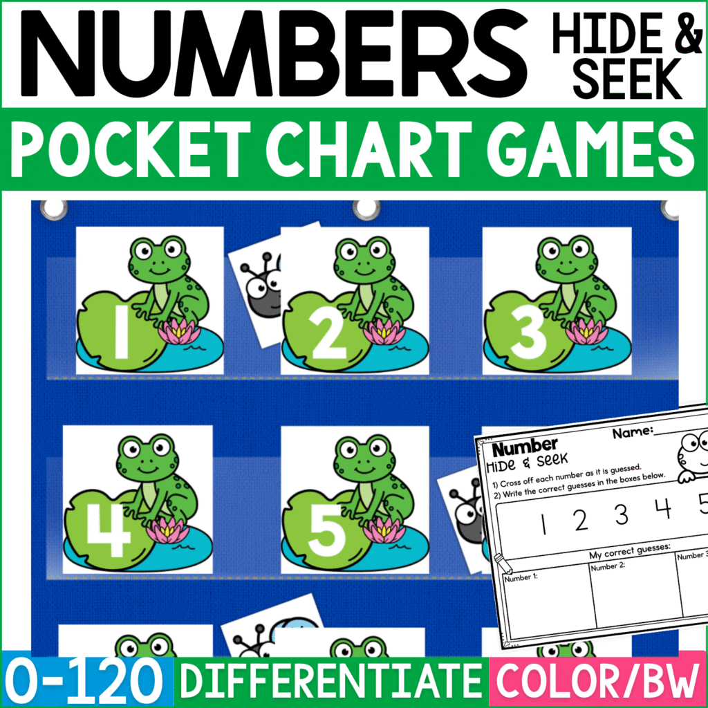 Numbers Hide and Seek pocket chart game featuring bright green frog number cards displayed in a blue pocket chart. Frog cards show numerals 1, 2, 3, 4, and 5 on lily pads, with small fly hiding cards tucked behind selected numbers for the hide and seek math game. A Number Hide & Seek recording page is layered over the pocket chart for students to cross off guessed numbers and record correct guesses. Product cover highlights number recognition from 0-120, differentiation options, and color and black-and-white formats for preschool, kindergarten, and first grade math practice.
