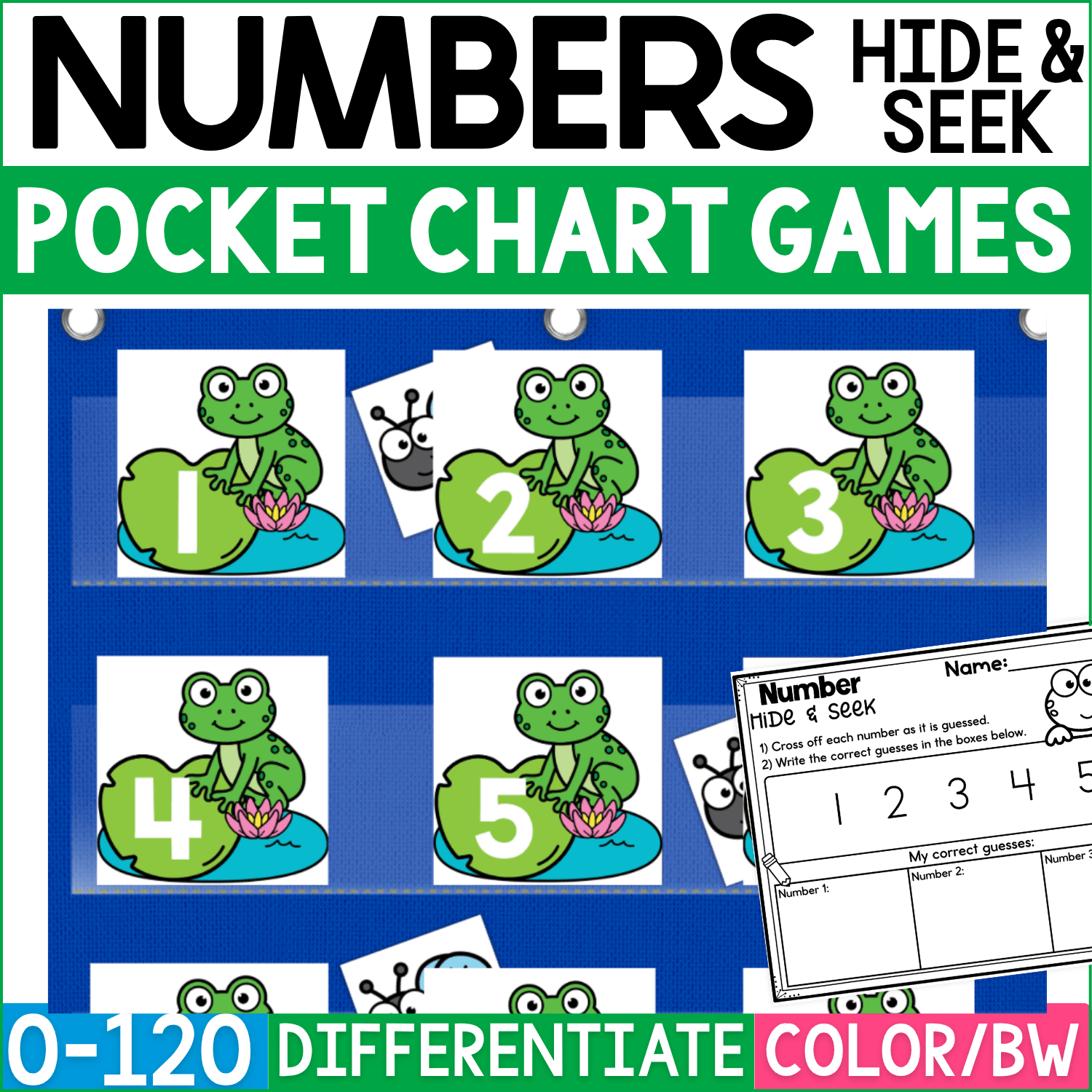 Numbers Hide and Seek pocket chart game featuring bright green frog number cards displayed in a blue pocket chart. Frog cards show numerals 1, 2, 3, 4, and 5 on lily pads, with small fly hiding cards tucked behind selected numbers for the hide and seek math game. A Number Hide & Seek recording page is layered over the pocket chart for students to cross off guessed numbers and record correct guesses. Product cover highlights number recognition from 0-120, differentiation options, and color and black-and-white formats for preschool, kindergarten, and first grade math practice.