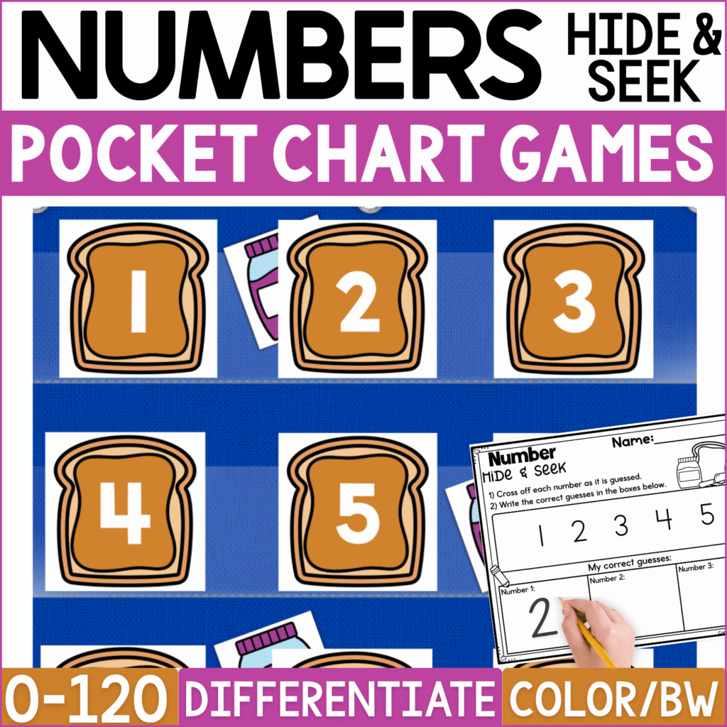Peanut Butter and Jelly Numbers Hide & Seek pocket chart game featuring bread slice number cards 1–5, with a jelly jar picture hiding behind the numbered bread and a printable number recording page. This differentiated food-themed math game supports number recognition from 0–120 with color and black-and-white formats.