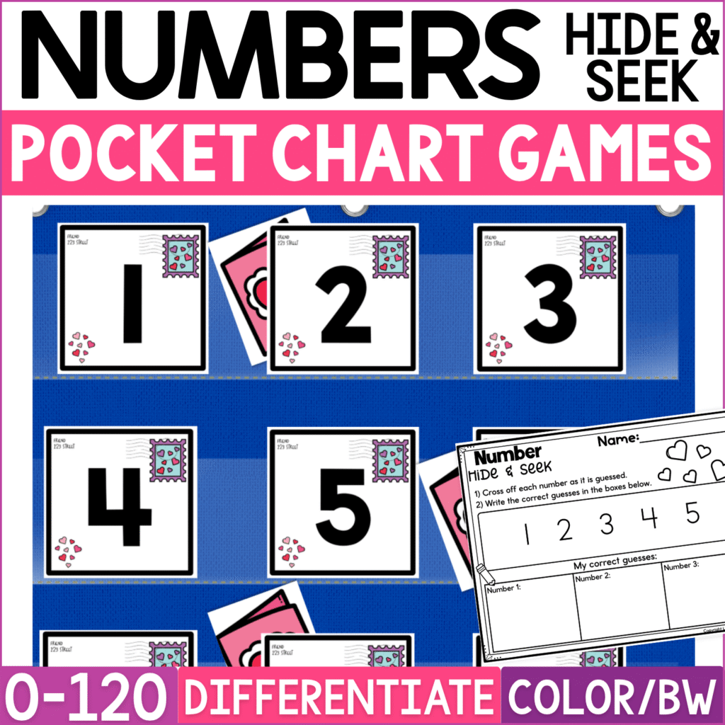 Valentine’s Day Numbers Hide and Seek pocket chart game with number cards 1, 2, 3, 4, and 5 designed like Valentine envelopes with pink heart stamps and heart accents. Cards are arranged in a blue classroom pocket chart with pink Valentine hiding cards tucked behind selected numbers for an interactive number recognition guessing game. A Number Hide & Seek recording sheet shows spaces for crossing off guessed numerals and writing correct guesses. Product cover highlights numbers 0-120, differentiated math practice, and color and black-and-white formats for Valentine’s Day preschool, kindergarten, and first grade math activities.