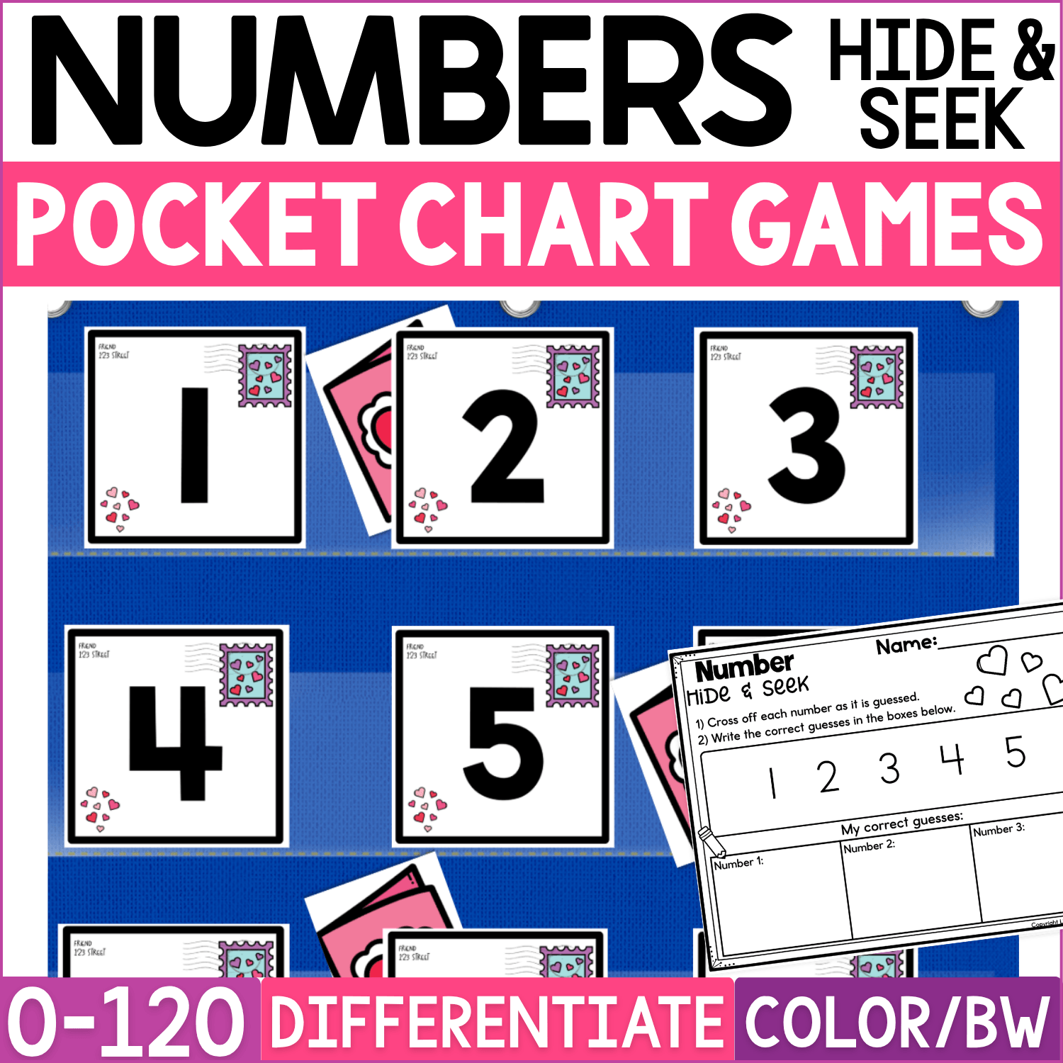 Valentine’s Day Numbers Hide and Seek pocket chart game with number cards 1, 2, 3, 4, and 5 designed like Valentine envelopes with pink heart stamps and heart accents. Cards are arranged in a blue classroom pocket chart with pink Valentine hiding cards tucked behind selected numbers for an interactive number recognition guessing game. A Number Hide & Seek recording sheet shows spaces for crossing off guessed numerals and writing correct guesses. Product cover highlights numbers 0-120, differentiated math practice, and color and black-and-white formats for Valentine’s Day preschool, kindergarten, and first grade math activities.