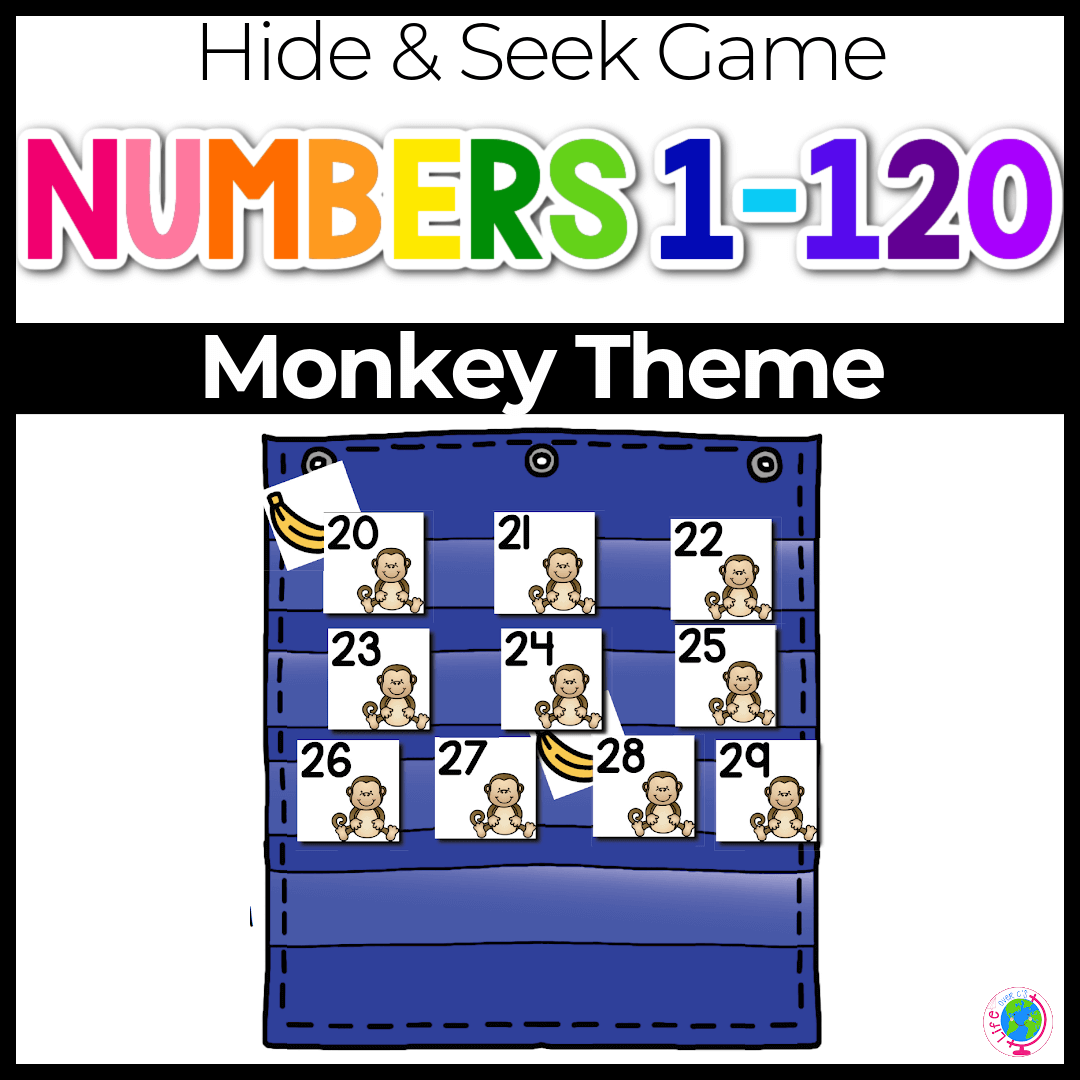 Numbers 1-120 hide and seek game with monkey theme