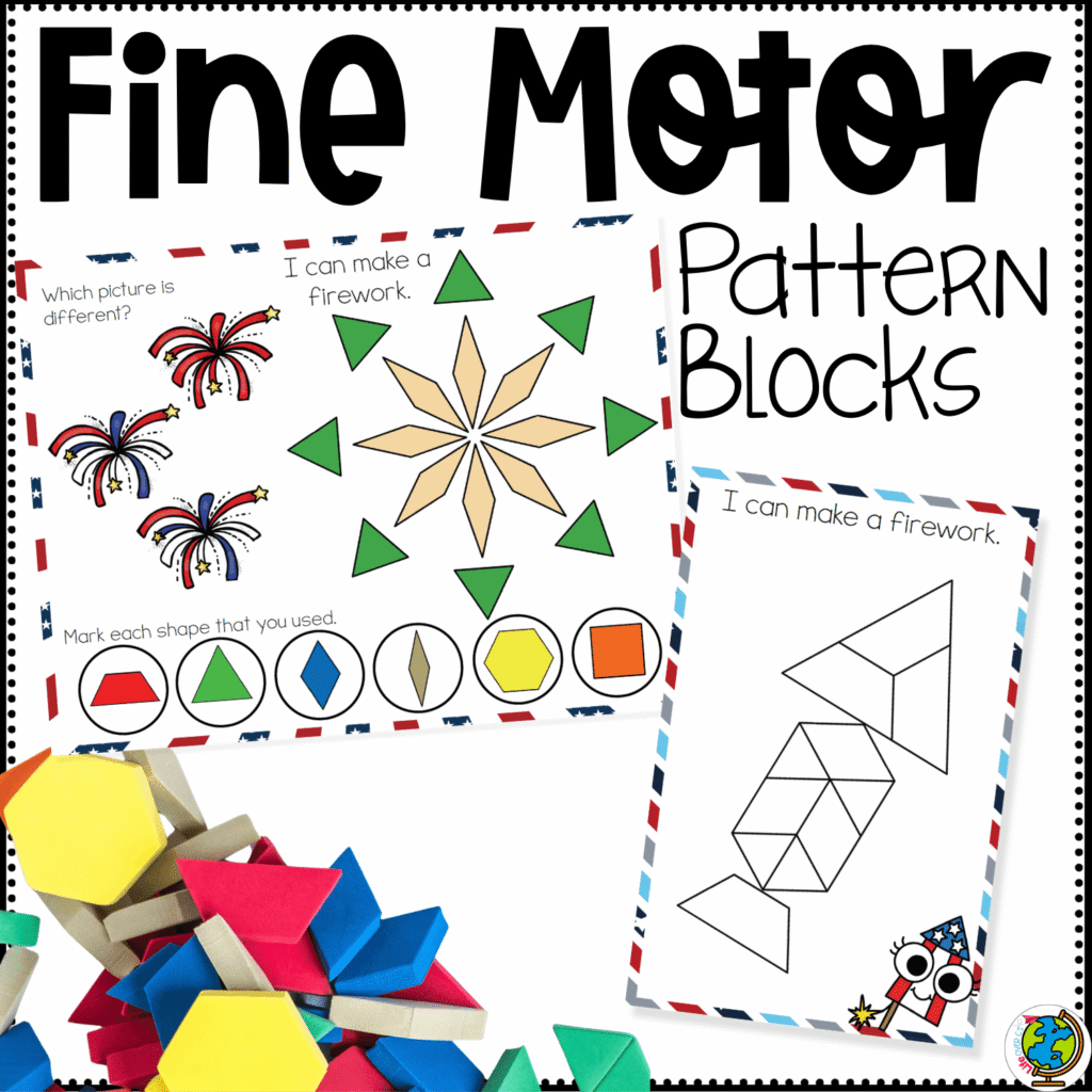 4th of July pattern block fine motor mats printable cover featuring patriotic pattern block activities, a fireworks design, and a black-and-white build card for preschool fine motor skills, shape recognition, and summer math centers