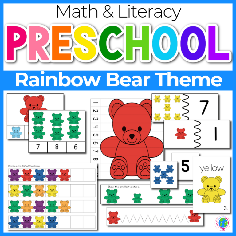 Rain bear themed math and literacy preschool activities