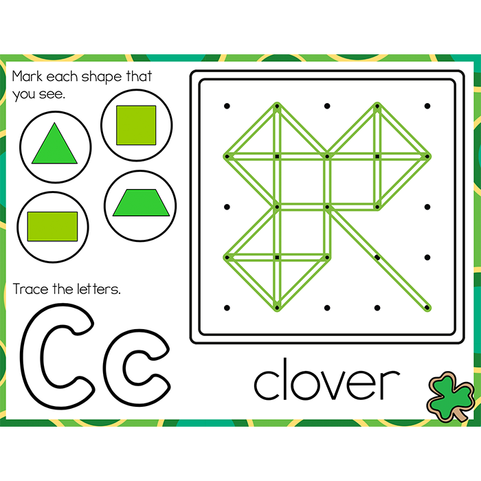 Geoboard fine motor activities with St. Patrick's Day theme