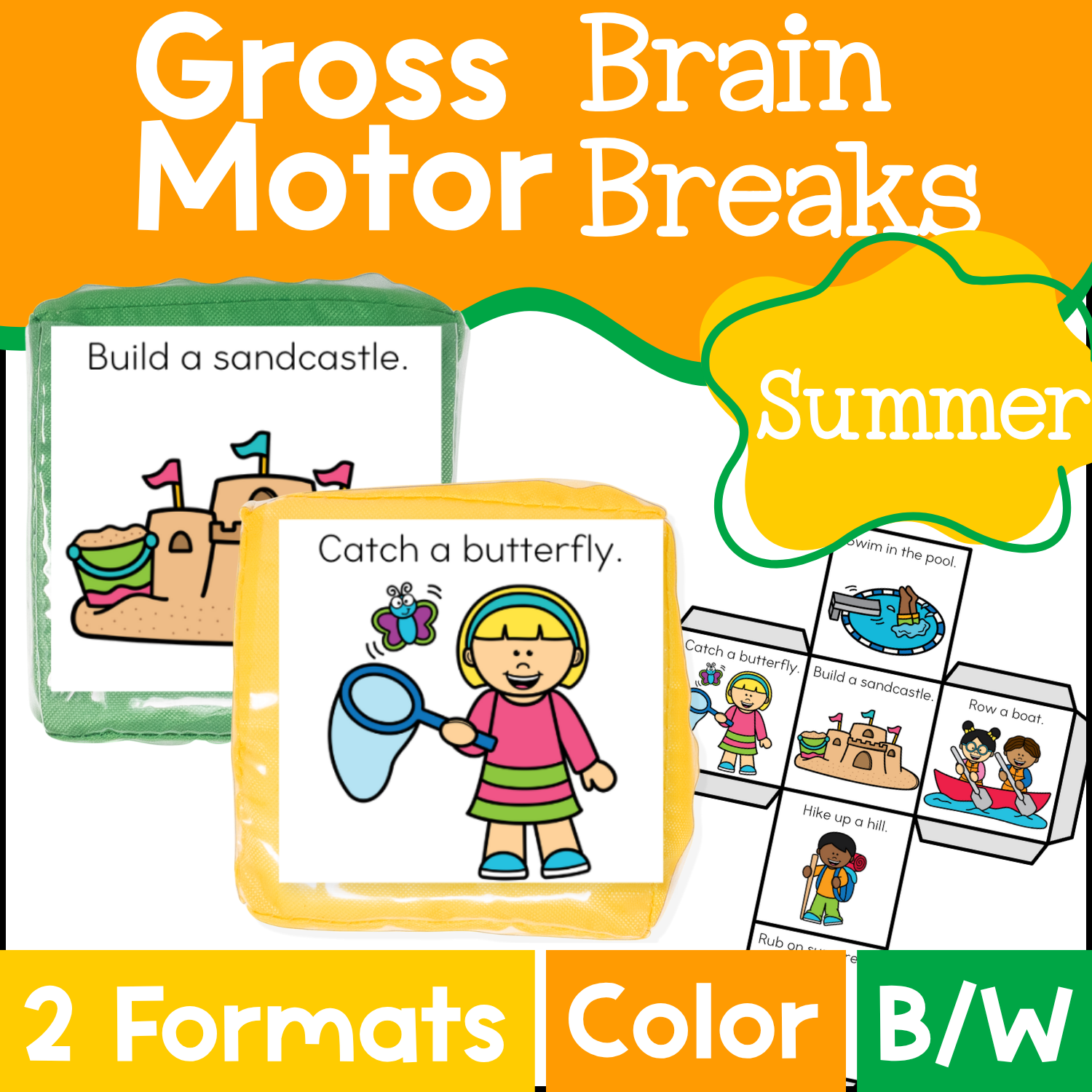 Printable Summer Brain Break Cube activity for preschool, kindergarten, and elementary students featuring colorful gross motor action cards with summer movements like swim in the pool, catch a butterfly, row a boat, build a sandcastle, hike up a hill, and rub on sunscreen. Perfect for circle time brain breaks, sensory play, or indoor recess.