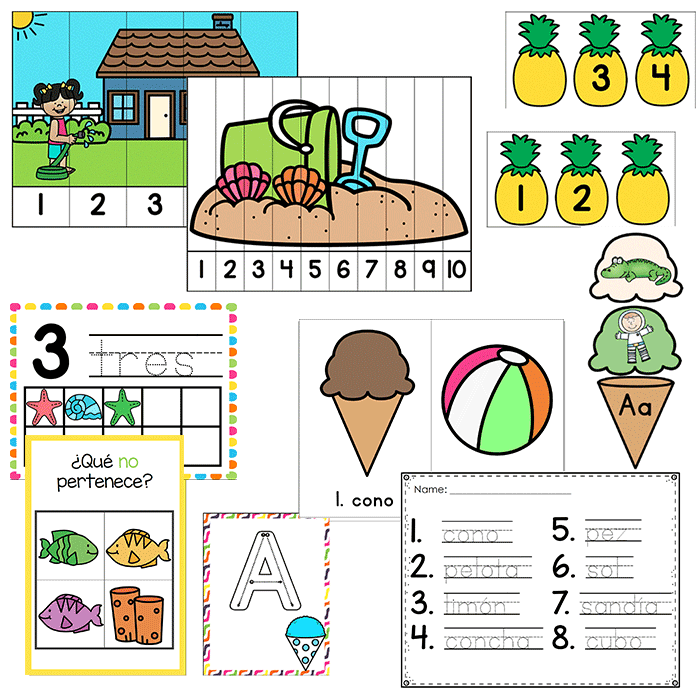 Preschool math and literacy activities with summer theme