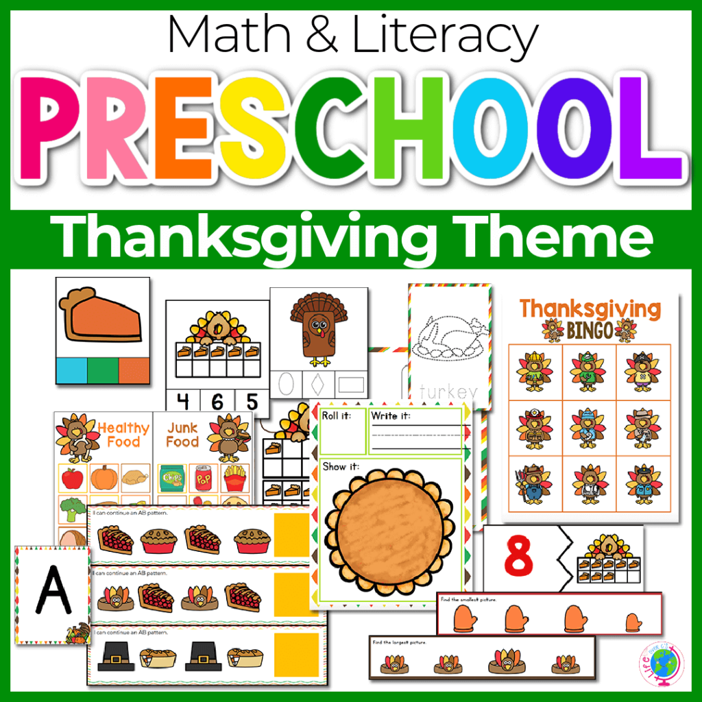 Thanksgiving themed math and literacy activities for preschool