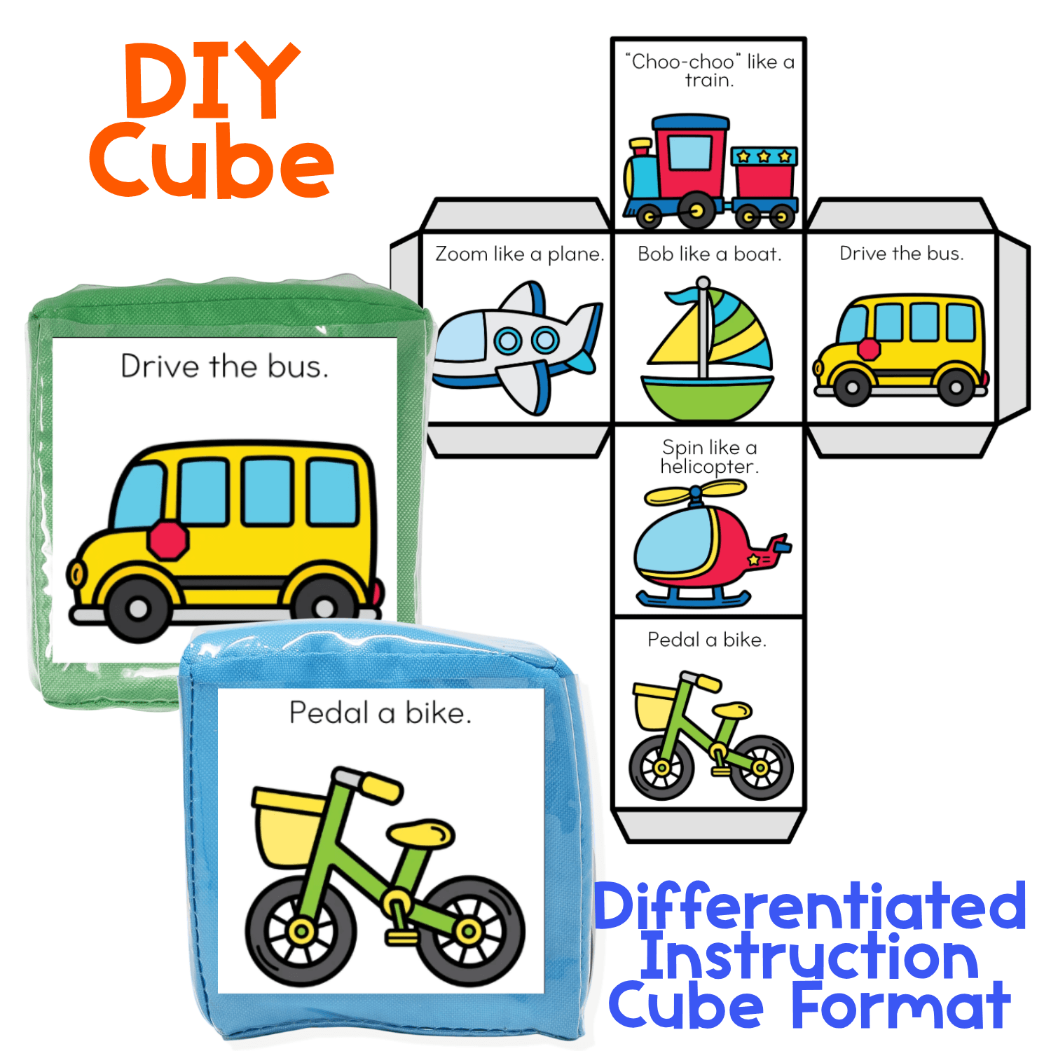Brain break cube with transportation theme cube inserts