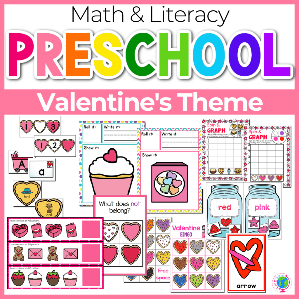 Valentine themed math and literacy activities for preschool