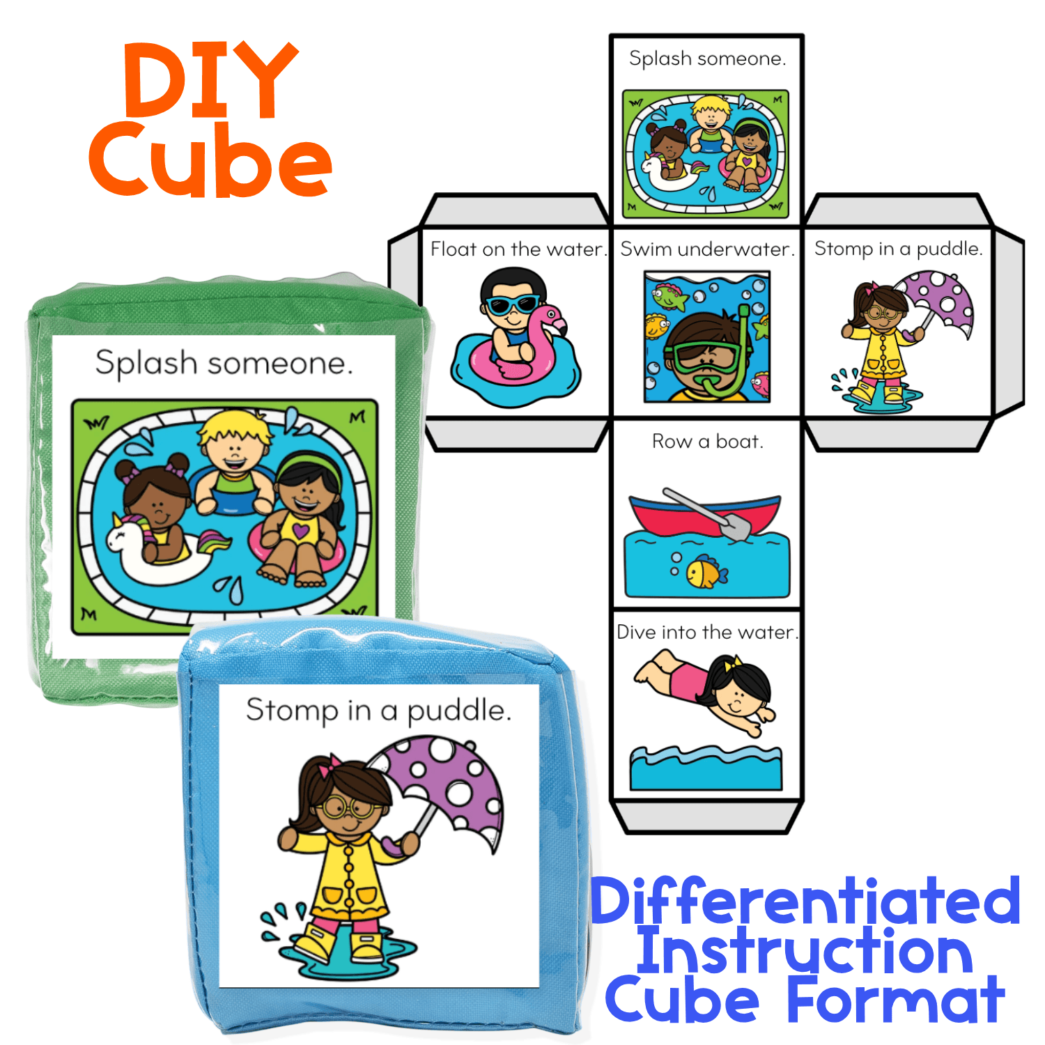 Brain break charades cube with water play theme