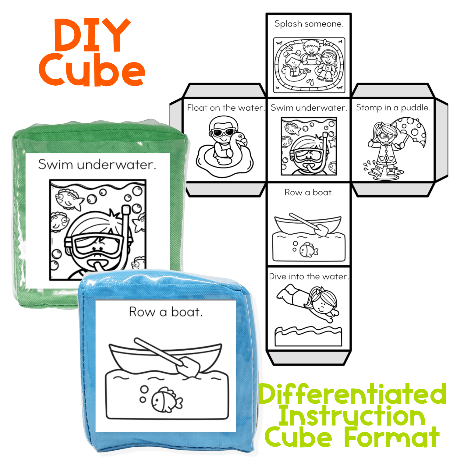 Brain break charades cube with water play theme