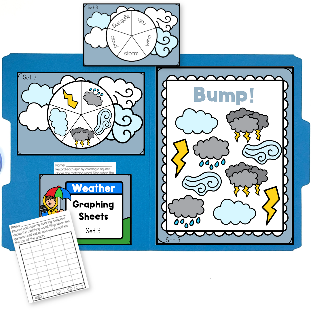 Weather Bump file folder game Set 3 displayed inside a blue folder with storm-themed weather images including lightning, rain clouds, wind, and clouds, paired with a spinner and weather graphing sheet for preschool math and STEM centers.