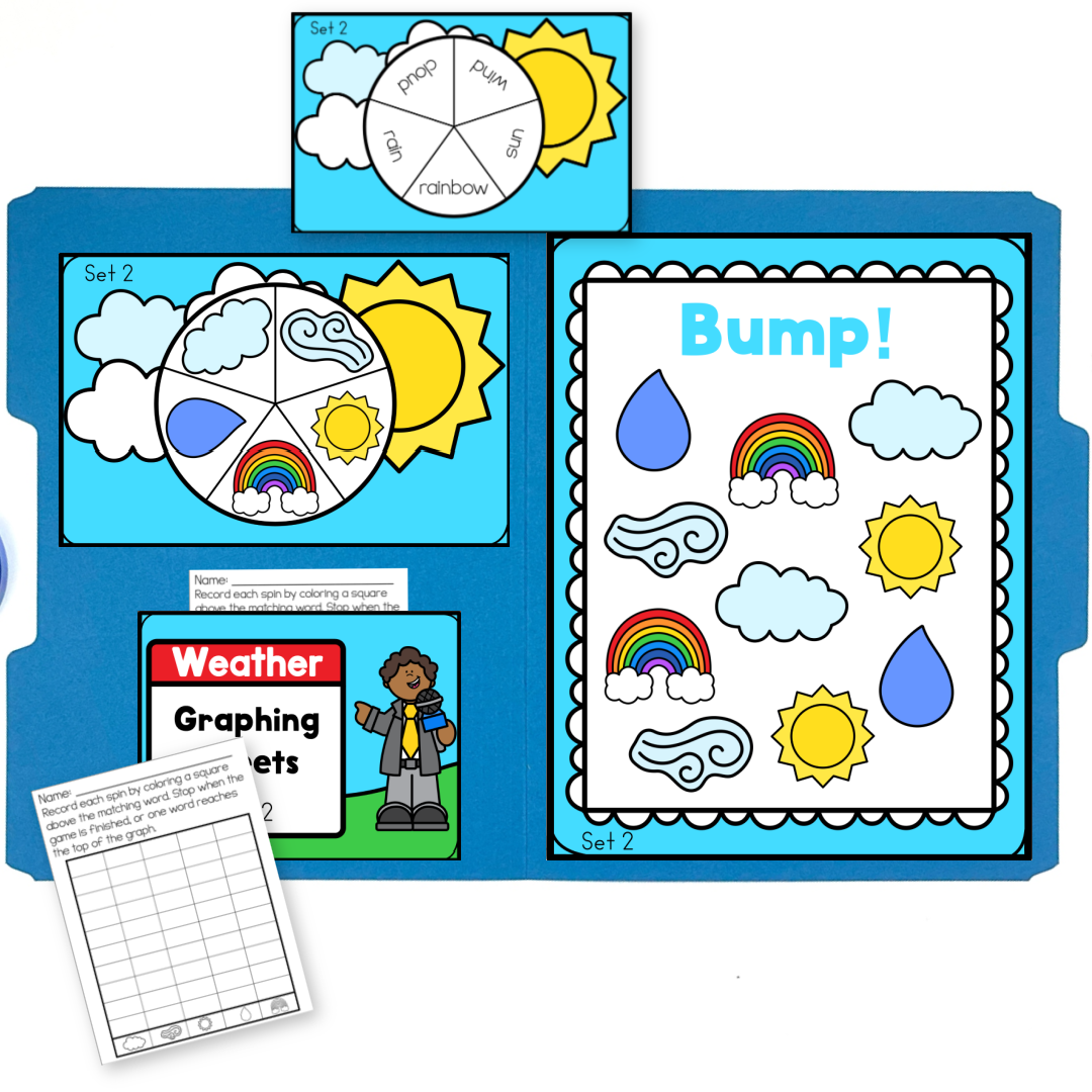 Weather themed Bump file folder game Set 2 showing sun, rain, clouds, wind, and rainbow icons with a matching spinner and graphing worksheet, ideal for preschool and kindergarten math centers, weather units, and hands-on STEM activities.