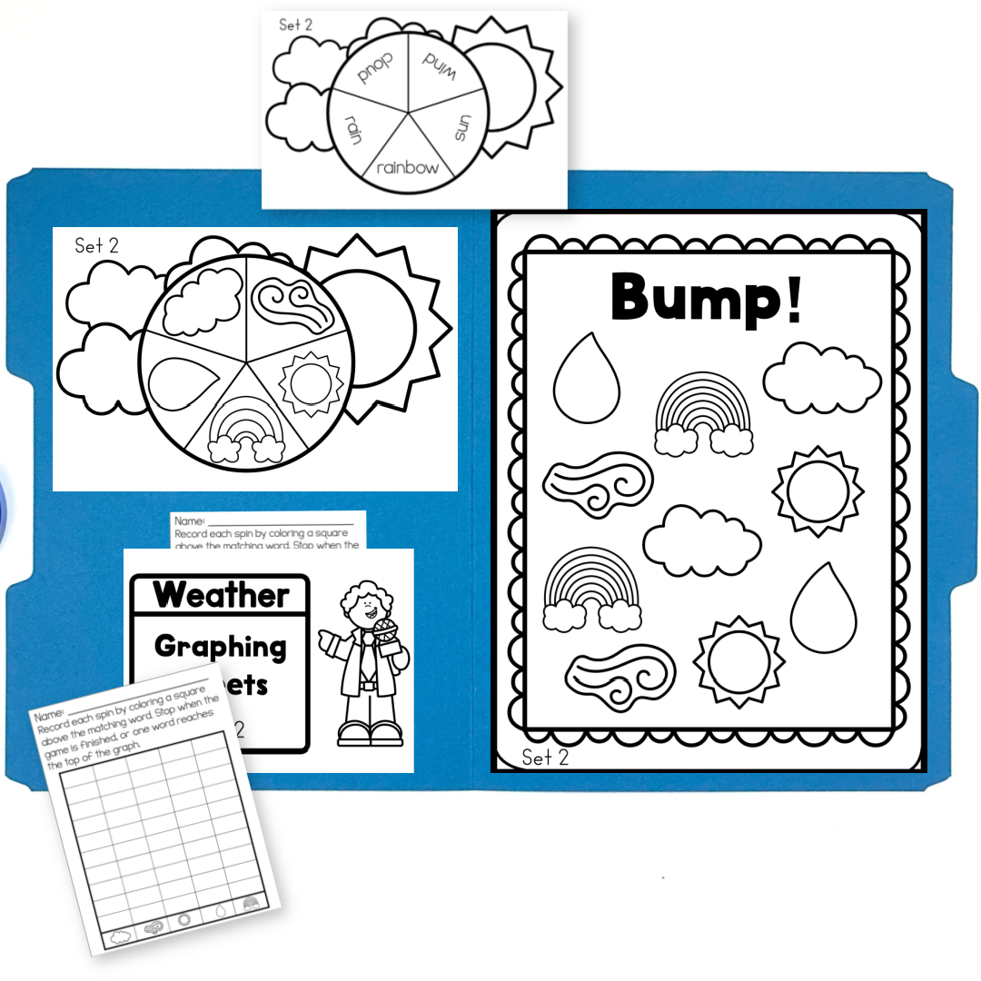 Black and white weather Bump file folder game Set 2 featuring weather symbols such as sun, clouds, rain, wind, and rainbows, designed for low-ink printing, coloring, and differentiated preschool math and graphing activities.