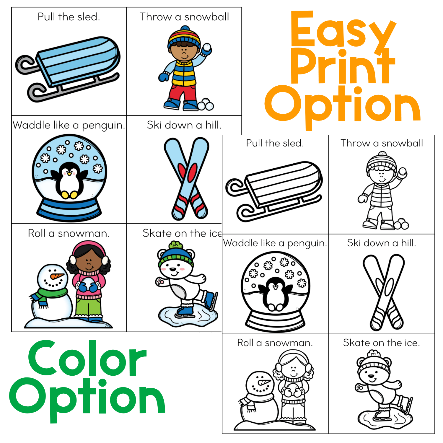 Easy print black and white and color options for winter gross motor brain break dice