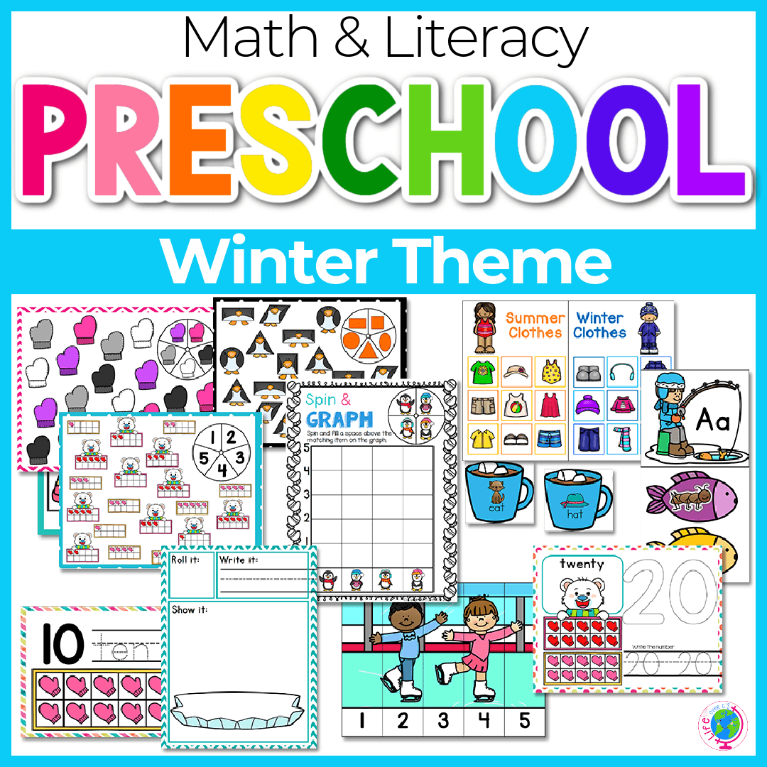 Math and literacy preschool activities with winter theme