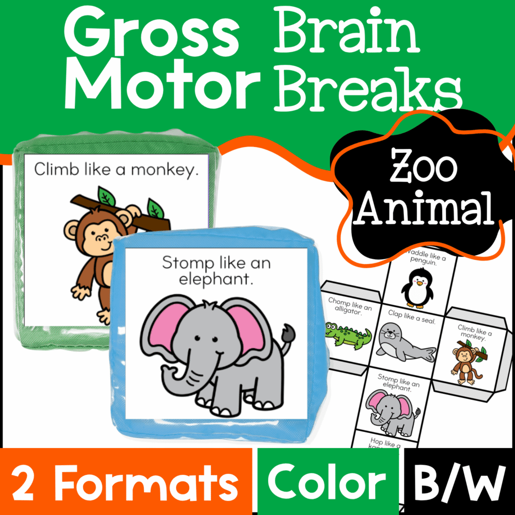 Printable Zoo Animal Brain Break Cube with gross motor activities for preschool, kindergarten, and elementary. Includes colorful cube inserts with actions like stomp like an elephant, climb like a monkey, and hop like a kangaroo. Perfect for brain breaks, circle time, sensory play, and transition activities.