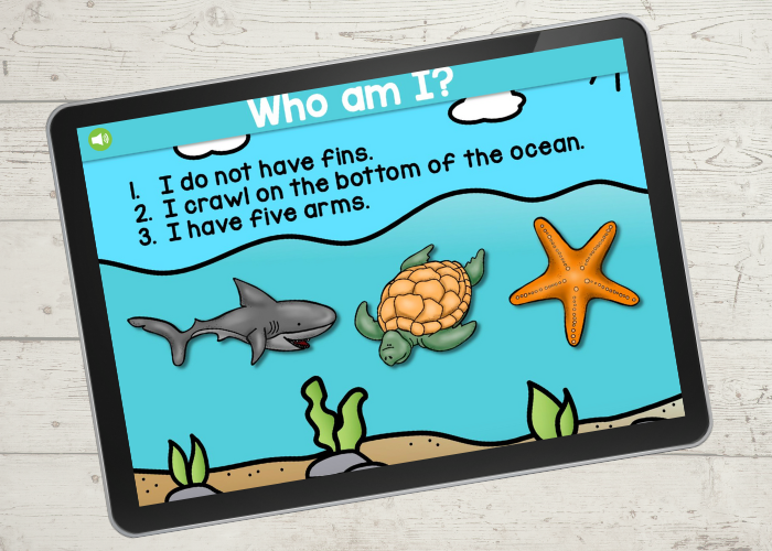 Ocean animal themed "who am I" riddles for Google Classroom