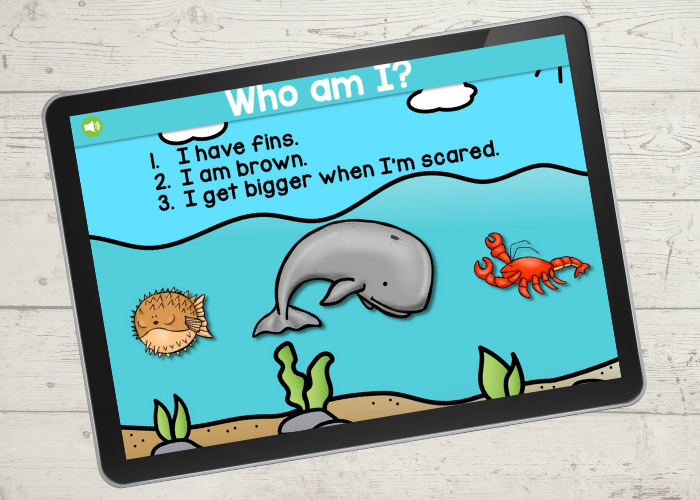 Ocean animal themed "who am I" riddles digital activity