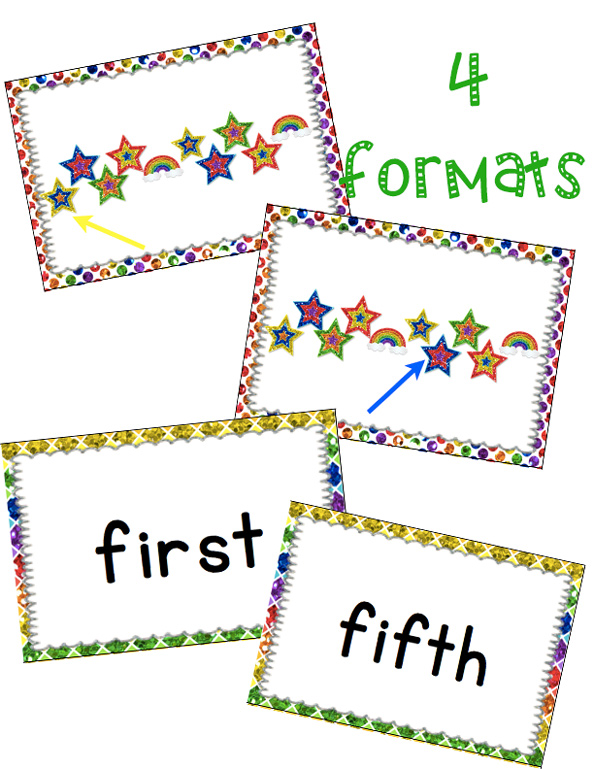 Rainbow themed counting ordinal number card game for math centers