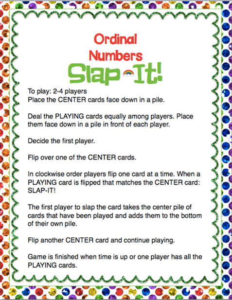 Counting ordinal number card game with March theme